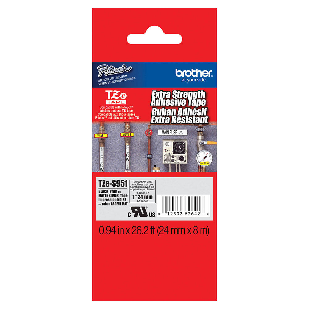 Brother TZe-S951 Original Extra Strength Adhesive Tape, 24mm (0.94"), Black on Matte Silver