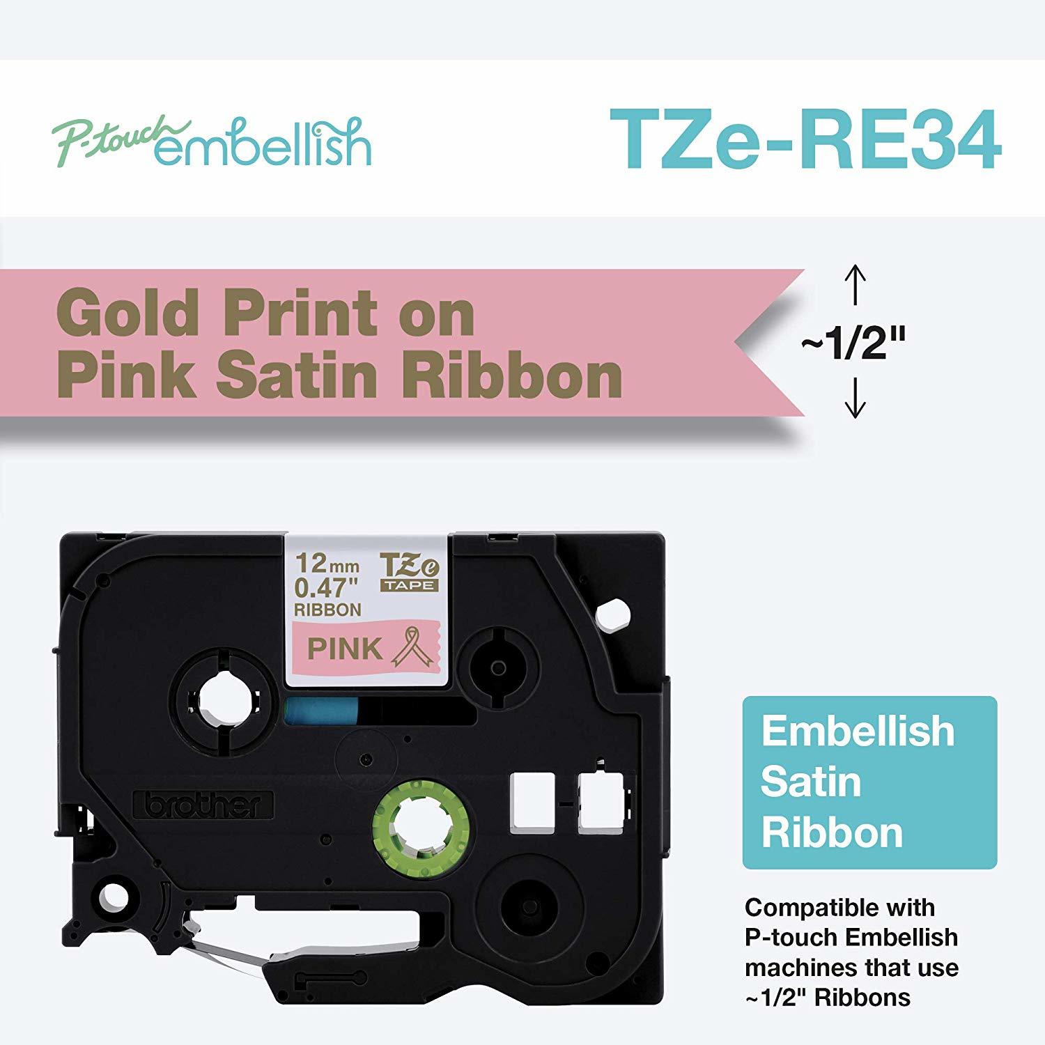Brother TZERE34 Original P-touch Decorative Ribbon, Gold on Pink, 12mm (0.47")