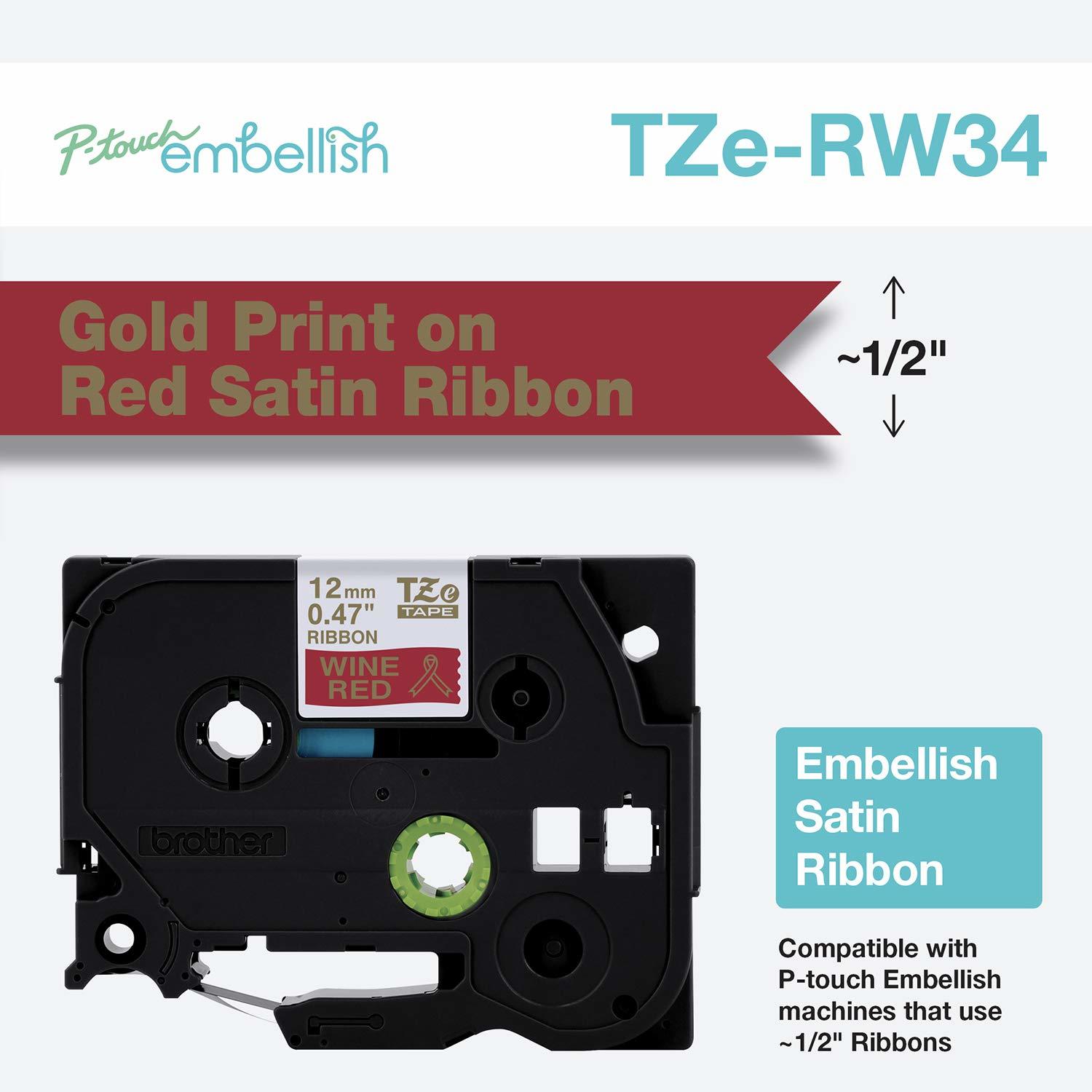 Brother TZERW34 Original P-touch Decorative Ribbon, 12mm (0.47"), Gold on Wine Red