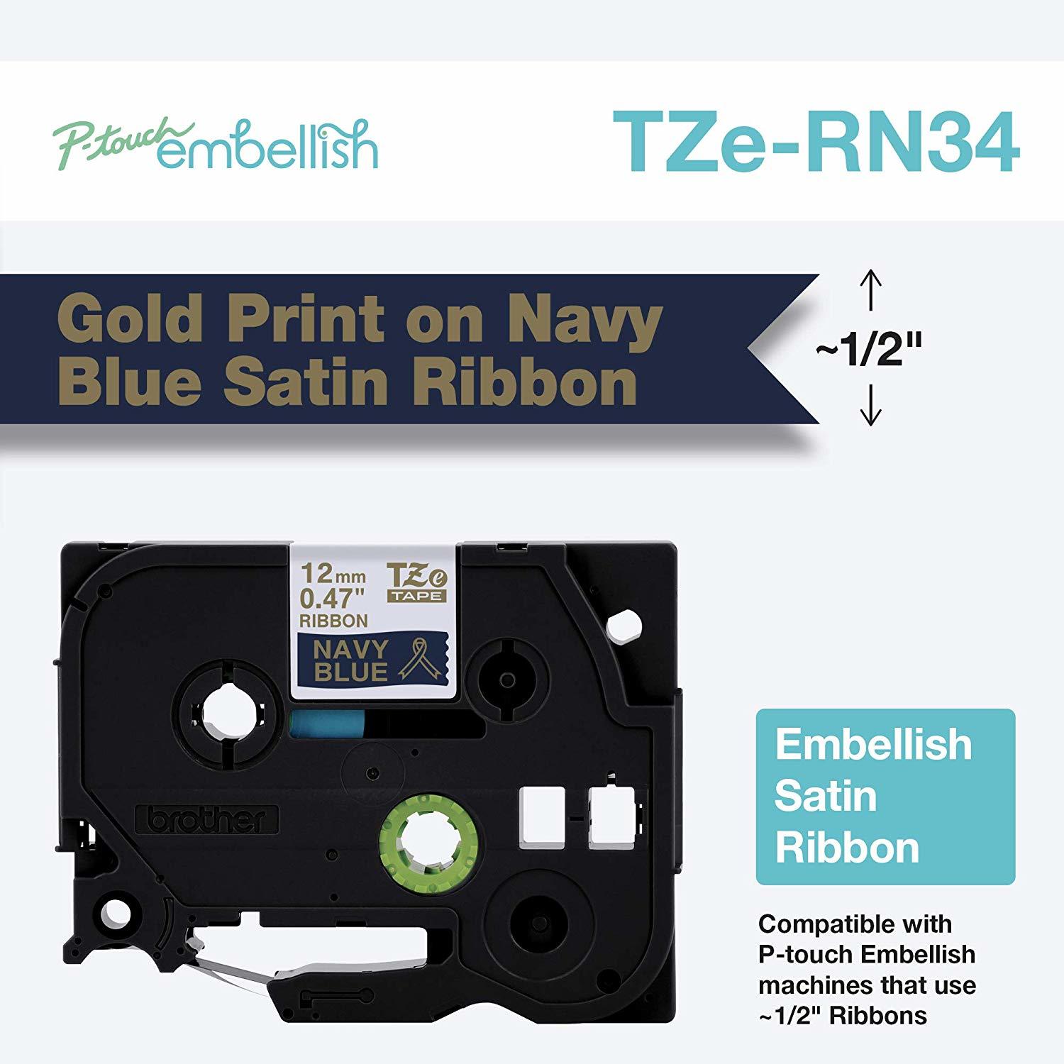 Brother TZe-RN34 Original P-touch Decorative Satin Ribbon, Gold on Navy, 12mm (0.47")