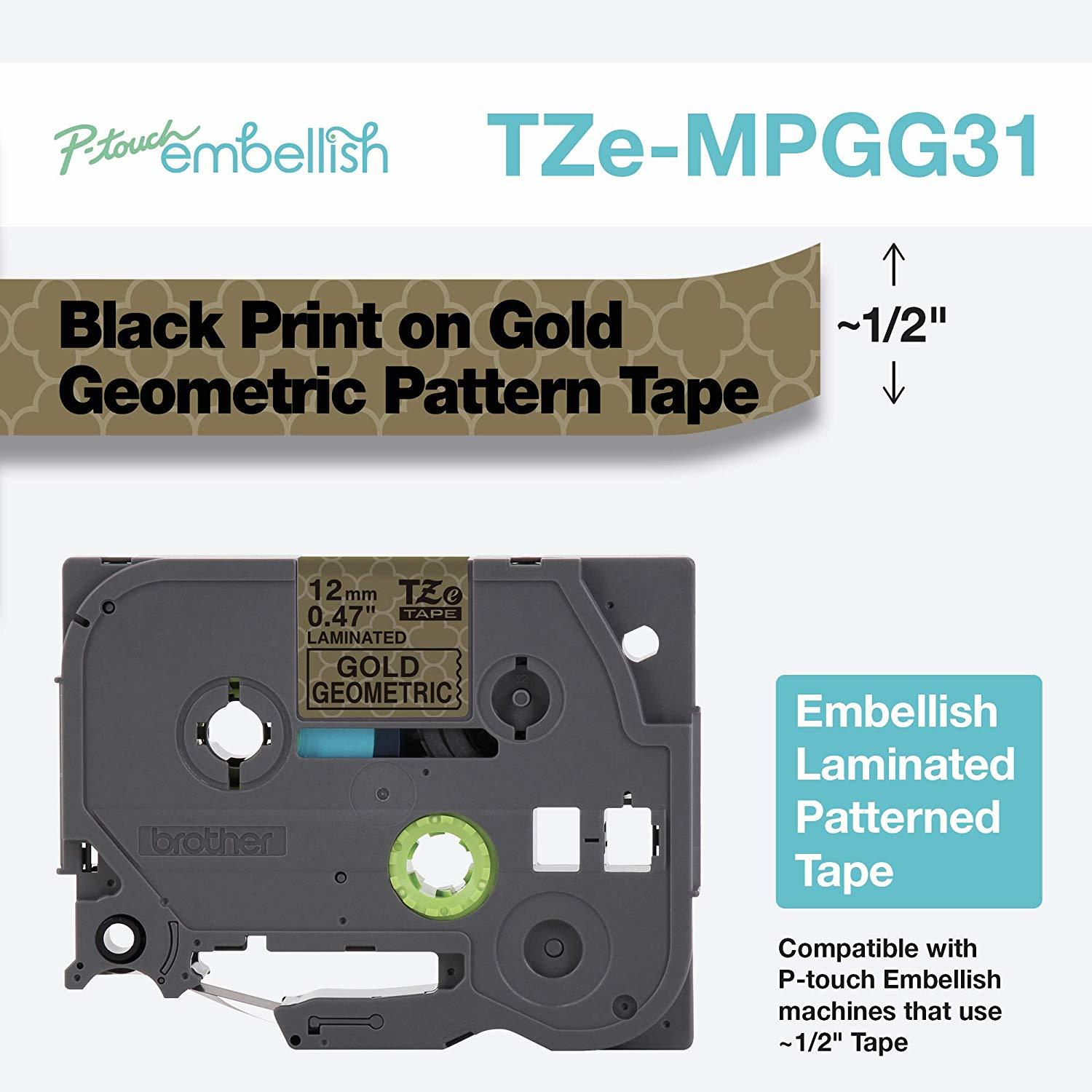 Brother TZEMPGG31 Origanal Geometric Pattern Tape for P-touch 12 mm, Black on Gold, 4 m