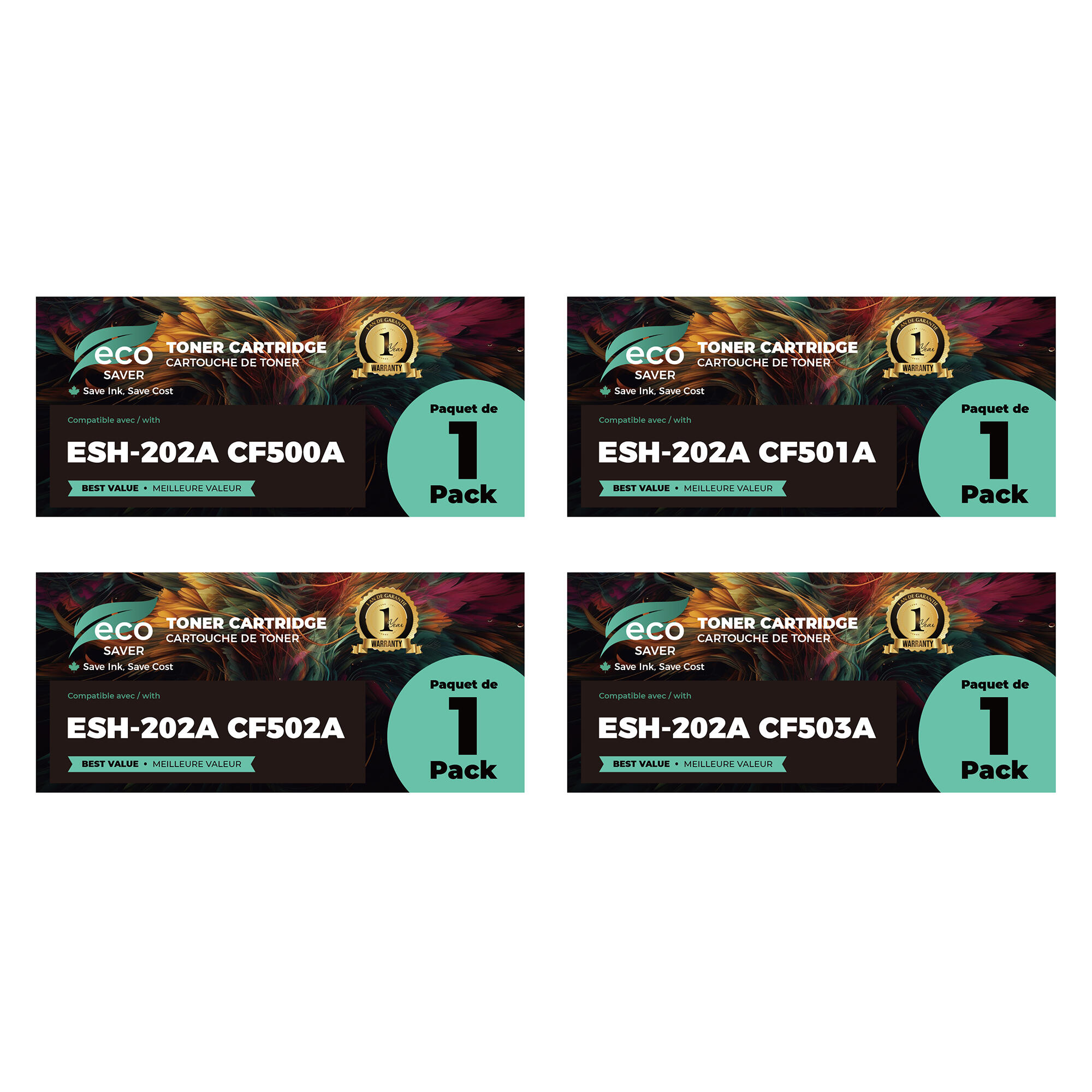 Compatible HP 202A CF500A CF501A CF502A CF503A Toner Cartridge Combo BK/C/M/Y - Eco-saver