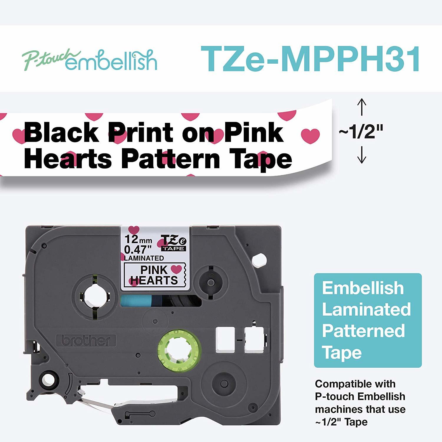 Brother P-Touch Embellish Print TZEMPPH31 Origanal Pattern Tape, Black on White With Pink Heart