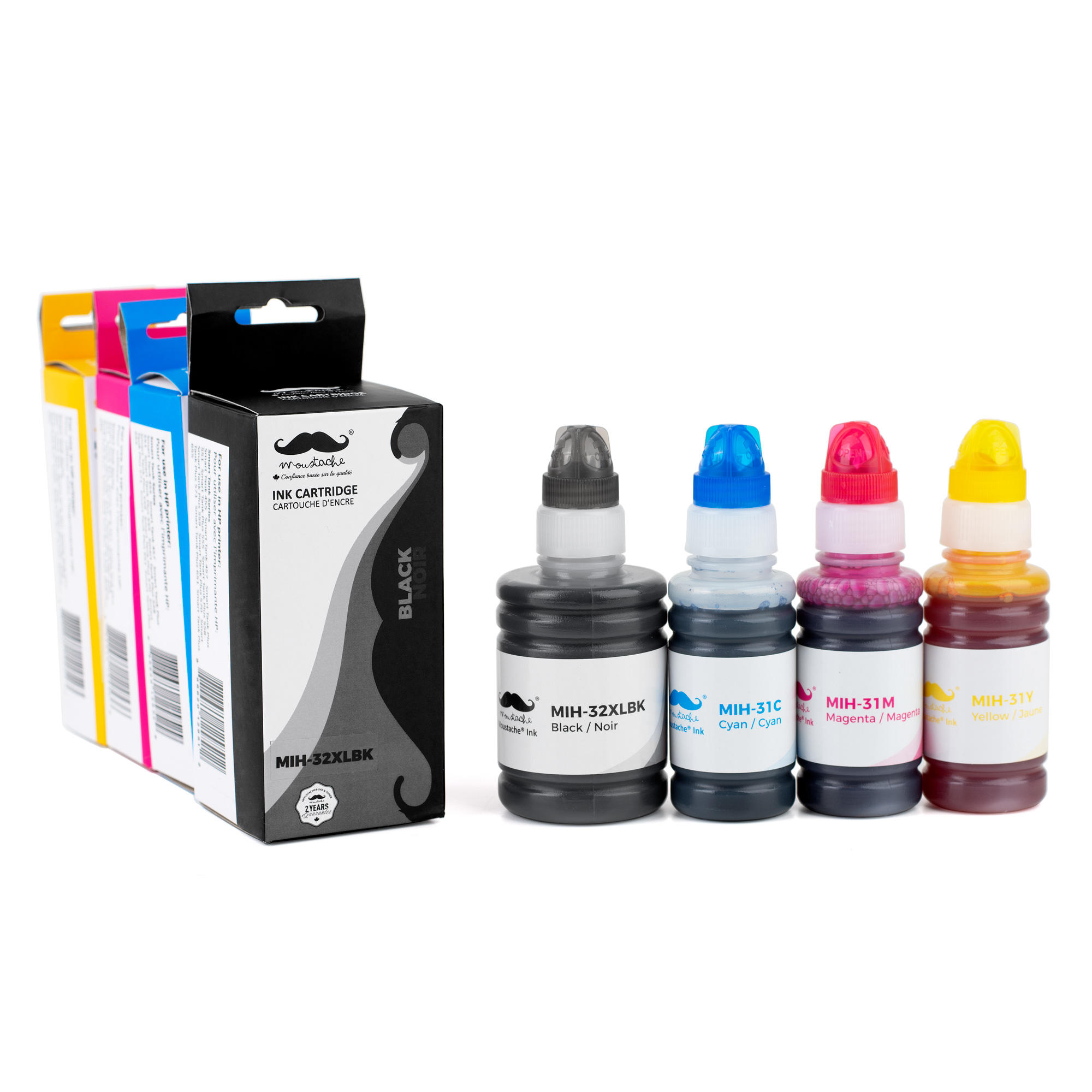 HP 32XL Black & HP 31 Cyan Magenta Yellow Compatible Ink Bottle Combo - Moustache®