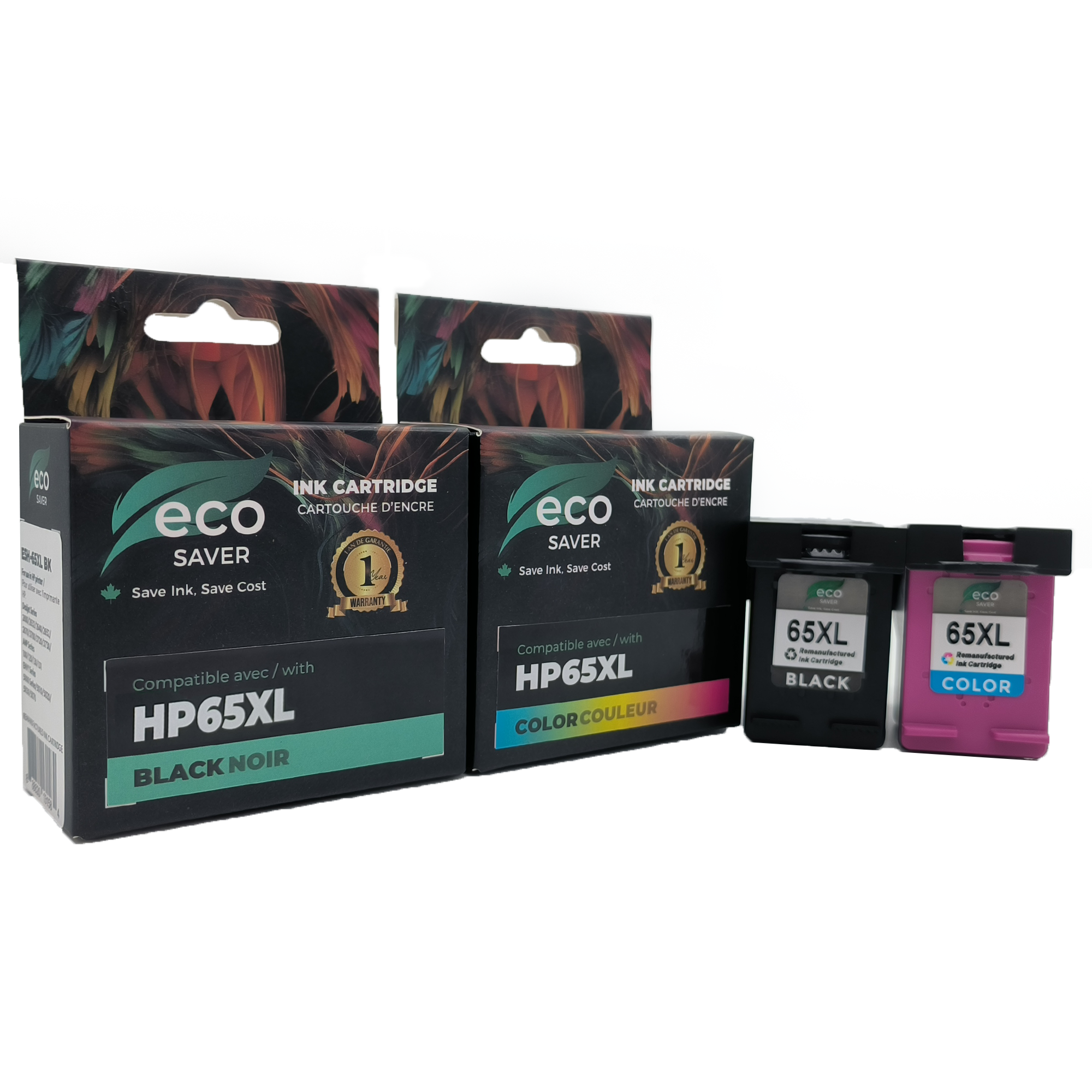 Remanufactured HP 65XL Black and Color Ink Cartridge Combo High Yield - Eco-Saver