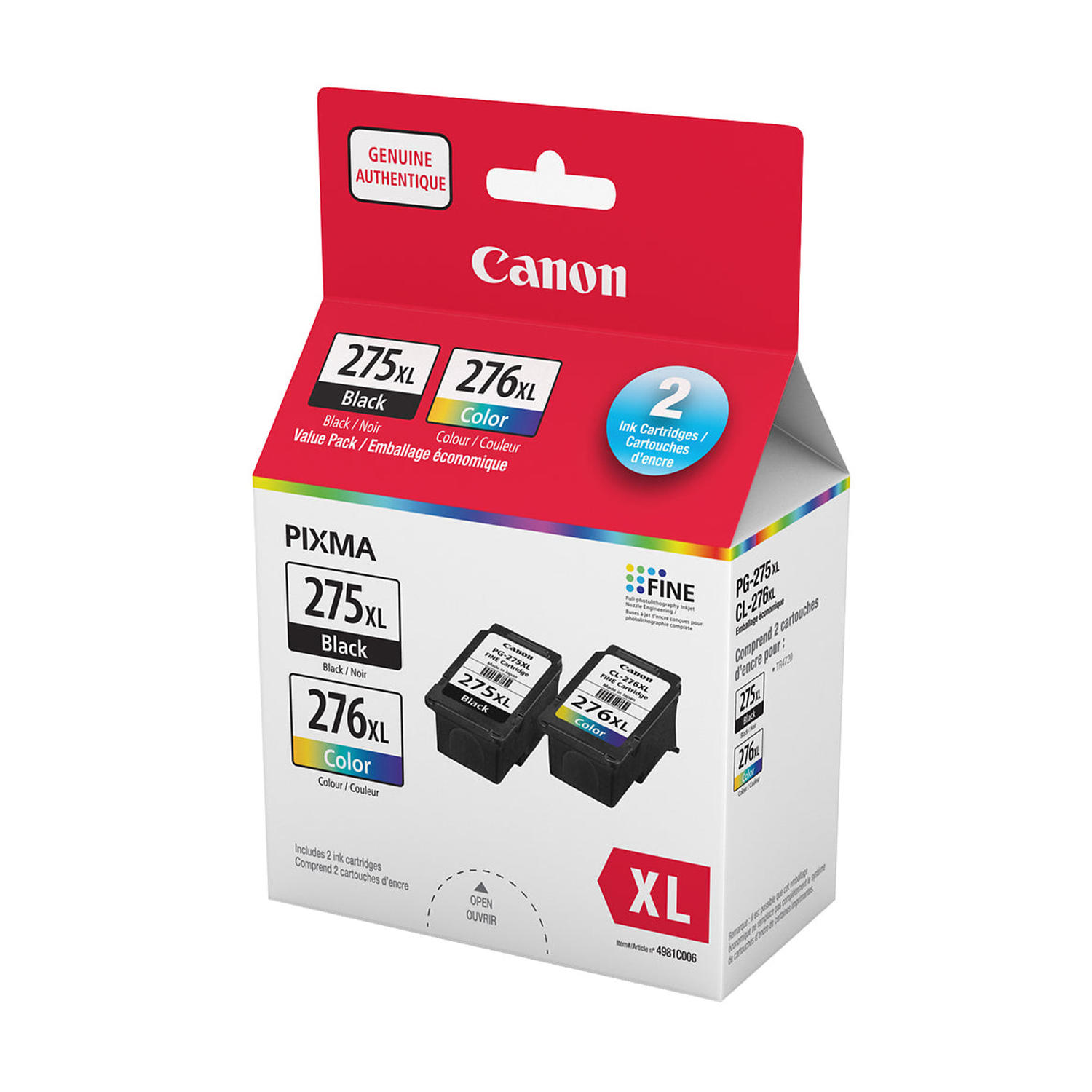 Canon PG-275XL CL-276XL Original Black and Color Ink Cartridge Combo High Yield (4981C006)