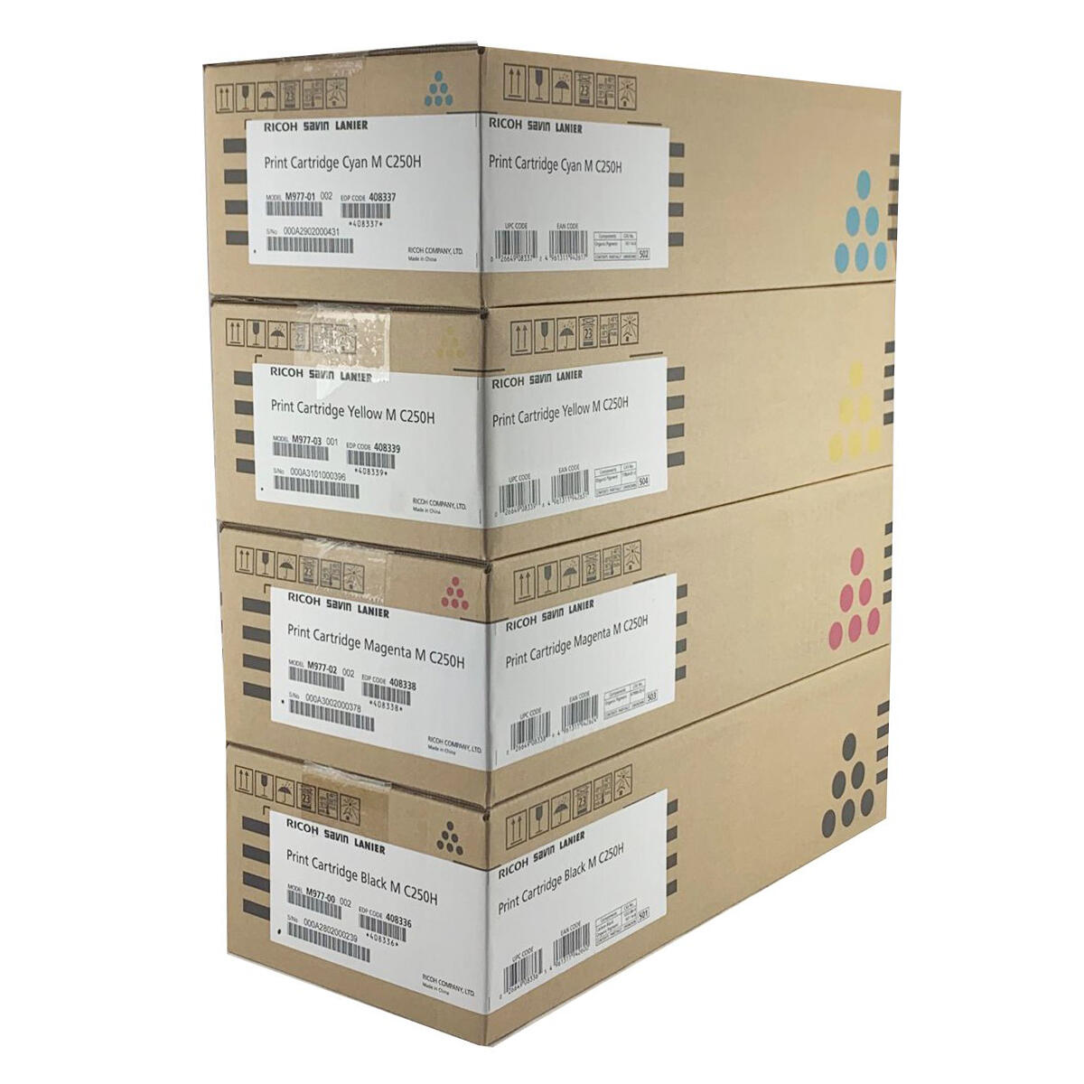Ricoh 408336 408337 408338 408339 M C250H Original Toner Cartridge Combo High Yield BK/C/M/Y