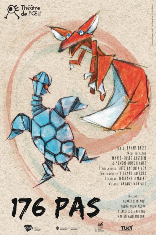 Affiche du spectacle "176 pas". Dessin de style cubisme d'une tortue bleue et d'un renard orange, sur un fond couleur sable. Le titre est écrit en noir dans le coin en bas à gauche.