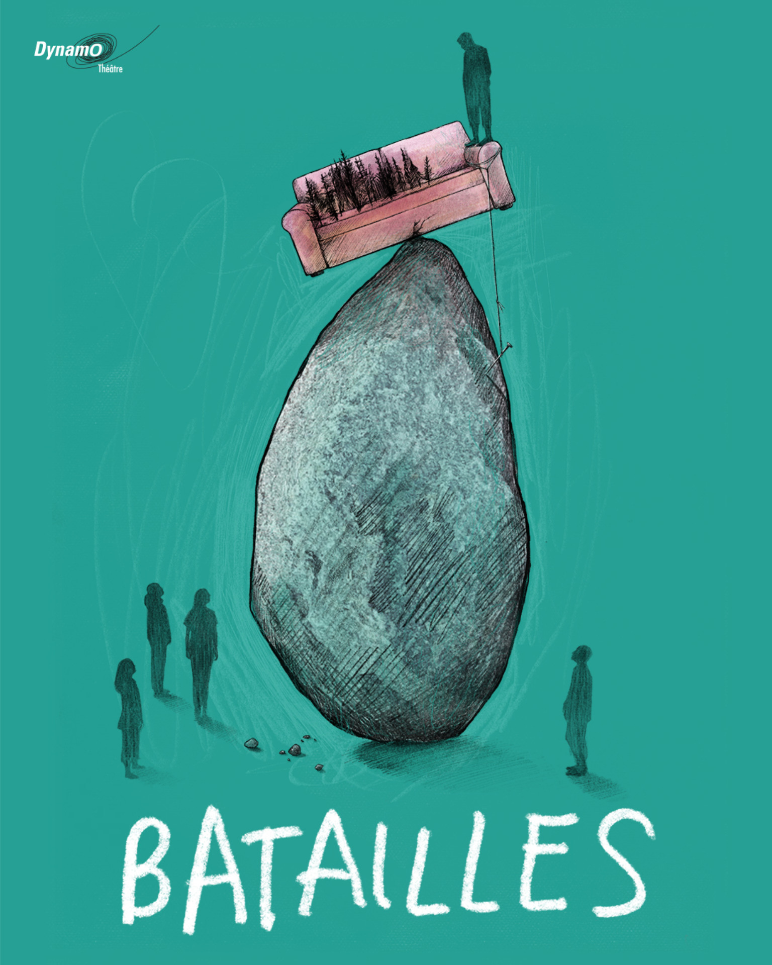 Affiche du spectacle "Batailles". Sur fond turquoise, dessin d'un divan rose au sommet d'une grosse roche. Une silhouette est debout sur le divan, qui penche vers la gauche, retenu par une corde. Au sol, quatre autres silhouettes autour de la roche.