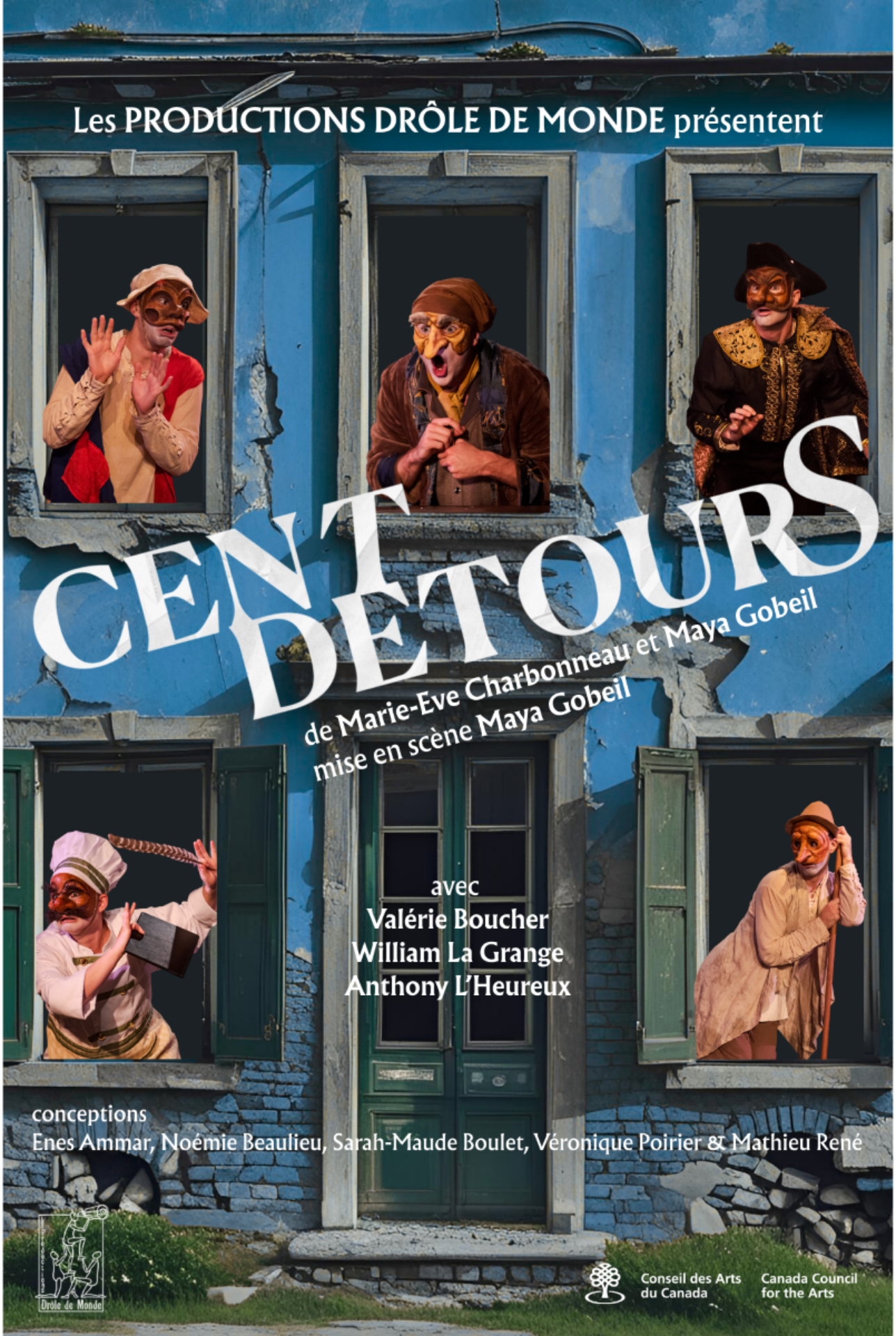 Affiche représentant la façade d’une maison bleue aux fenêtres ouvertes, où apparaissent 5 comédiens portant des masques expressifs: un paysan,  un vieil homme, un noble, un cuisinier et un concierge. Le titre « Cent Détours » est écrit en grand au centre
