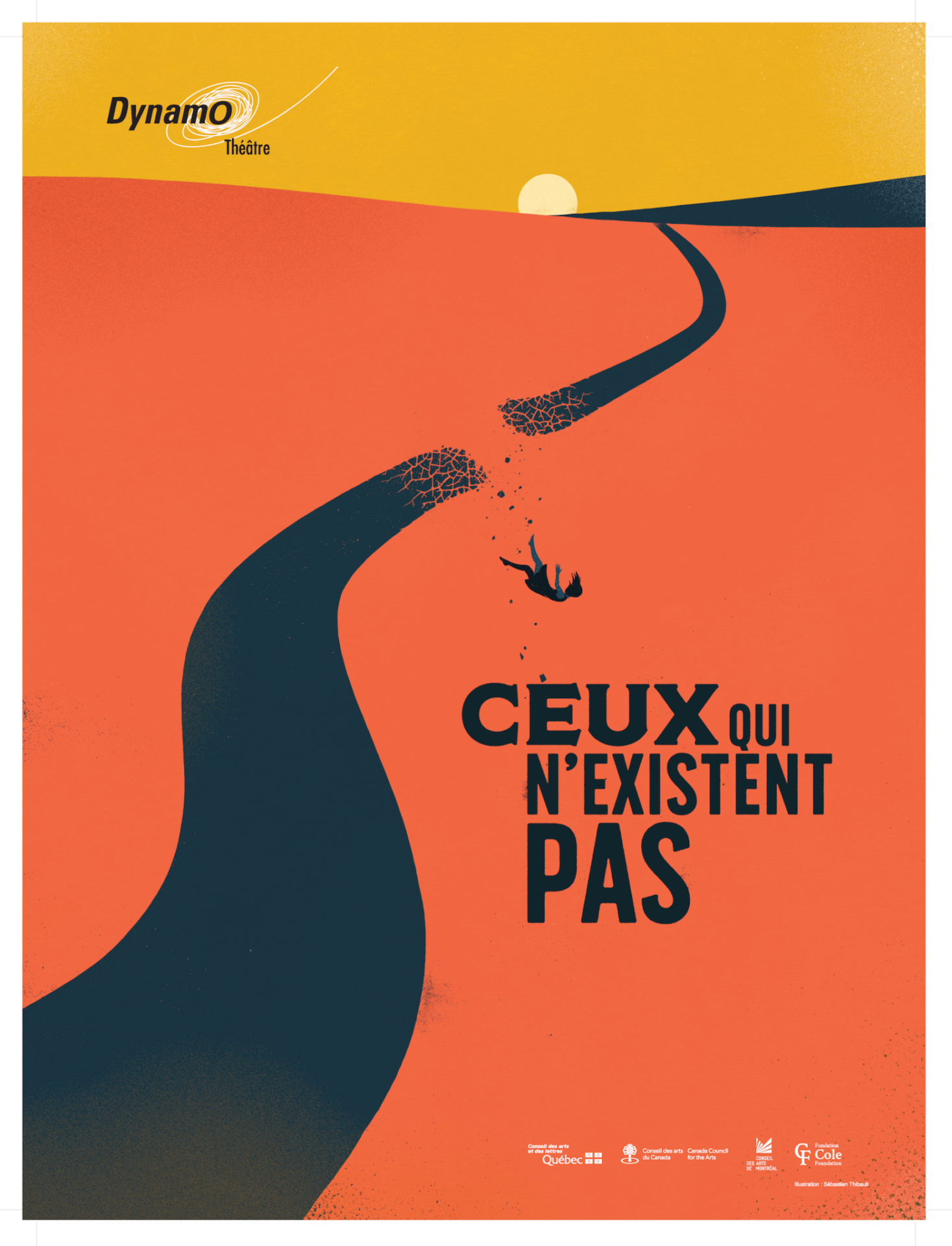 Affiche du spectacle Ceux qui n'existent pas. Illustration minimaliste dans les tons orange et ocre d'un chemin sinueux se dirigeant vers l'horizon, en haut de l'image. Le chemin se brise au milieu. Le titre apparaît en grands caractères au centre-droit.