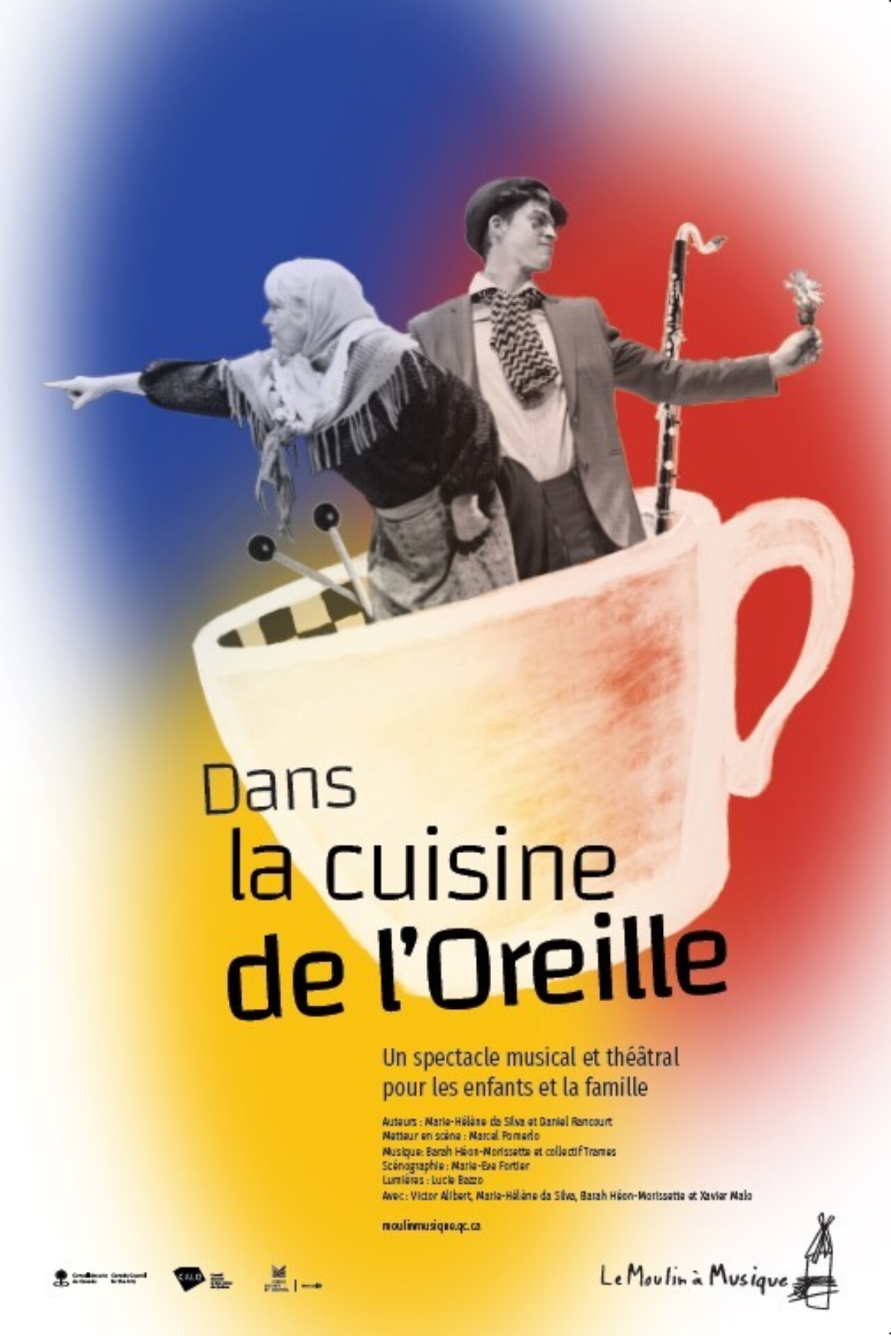 Affiche du spectacle "Dans la cuisine de l'Oreille". Deux personnages photographiés en noir et blanc et des instruments de musique sont dans une tasse géante. L'arrière-plan est bleu, rouge et jaune.