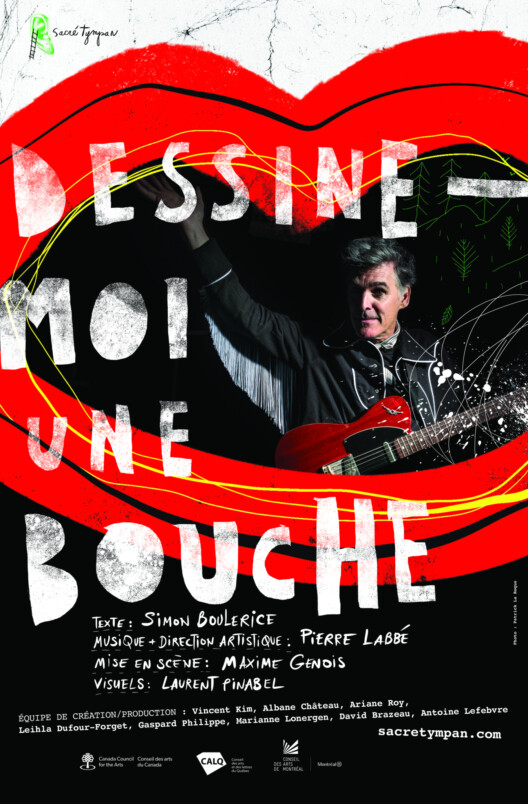 Affiche du spectacle "Dessine-moi une bouche". Un musicien vêtu en noir avec une guitare rouge apparaît dans le dessin d'une grande bouche ouverte aux lèvres rouges sur fond noir. Le titre apparait en lettres stencil blanches.