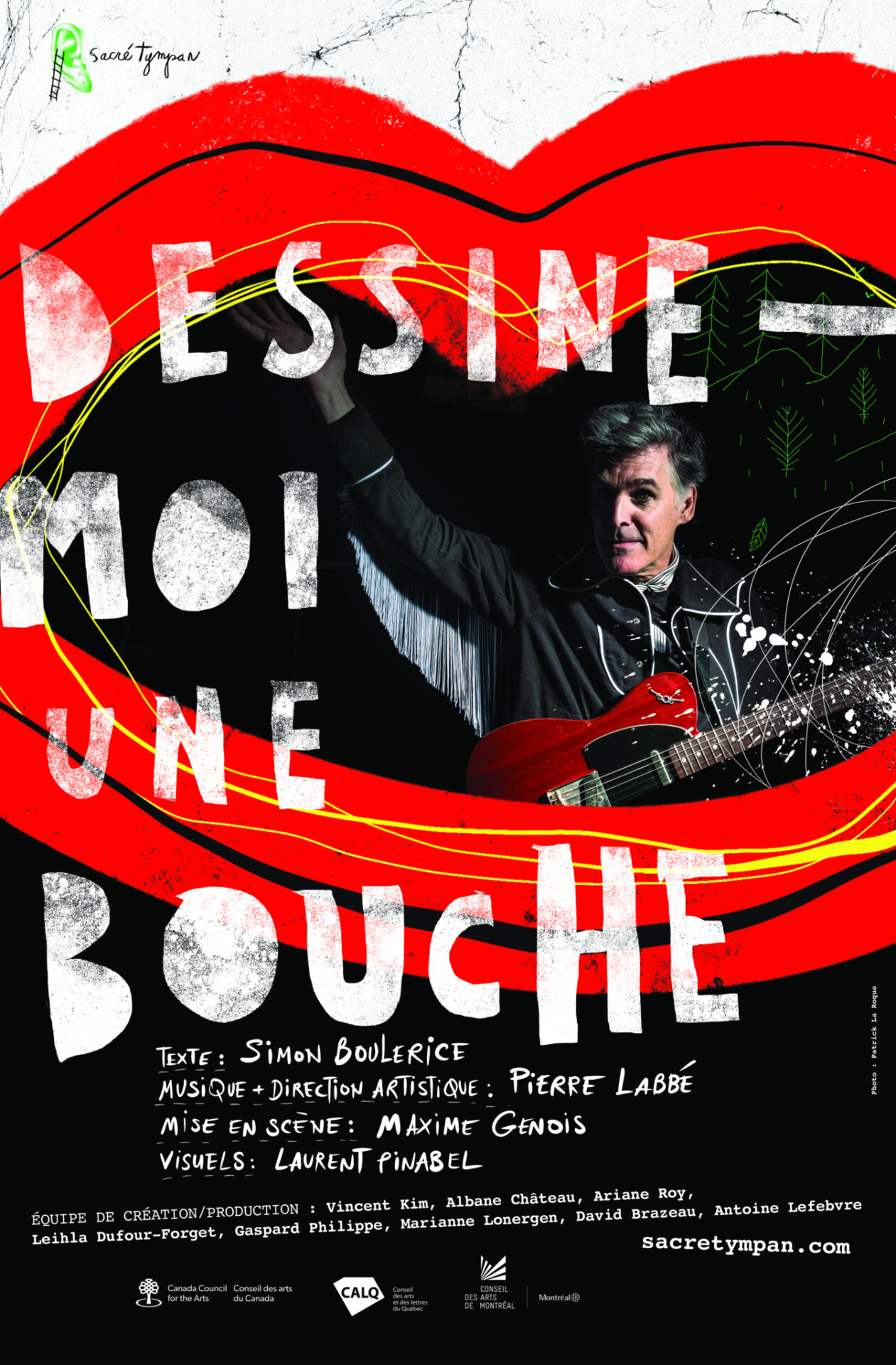 Affiche du spectacle "Dessine-moi une bouche". Un musicien vêtu en noir avec une guitare rouge apparaît dans le dessin d'une grande bouche ouverte aux lèvres rouges sur fond noir. Le titre apparait en lettres stencil blanches.