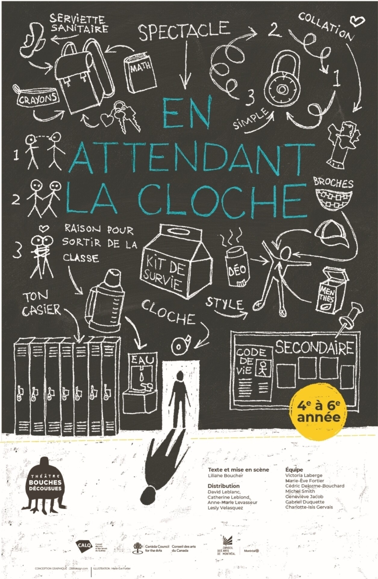 On voit un grand mur noir comme un tableau, couvert d'inscriptions à la craie : des dessins et des mots en lien avec le secondaire. Au bas du mur, il y a l'ouverture d'une porte dans laquelle on voit une silhouette, dont l'ombre est projetée au sol.