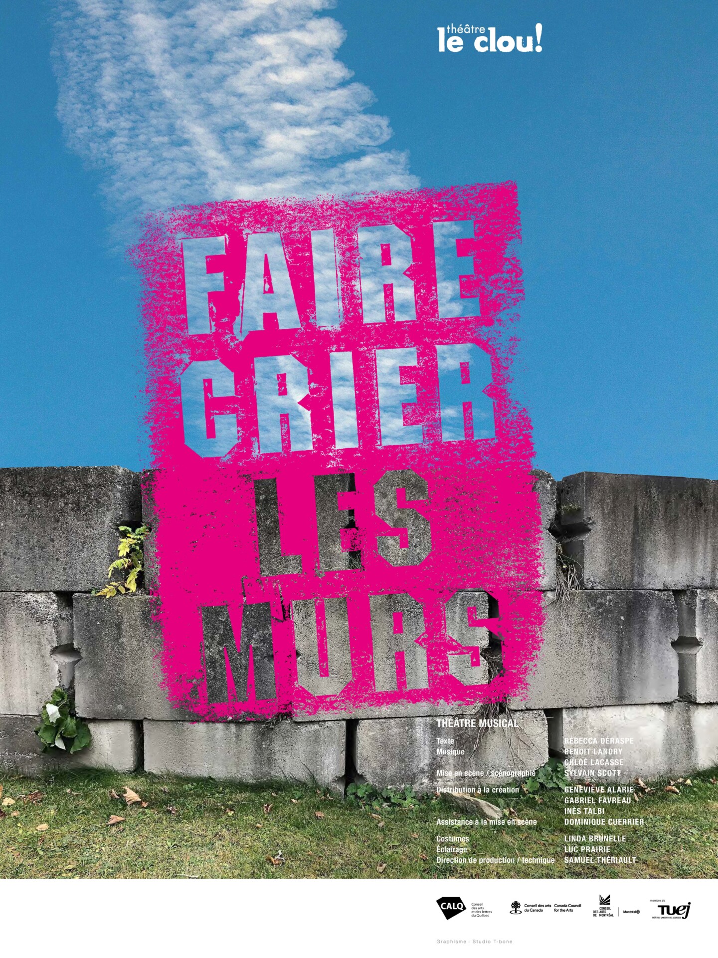Affiche du spectacle "Faire crier les murs". Le titre est tracé au pochoir inversé en rose. Les mots "Faire crier" apparaissent devant un ciel bleu avec nuage blanc, et les mots "Les murs" apparaissent devant un muret de briques de béton.