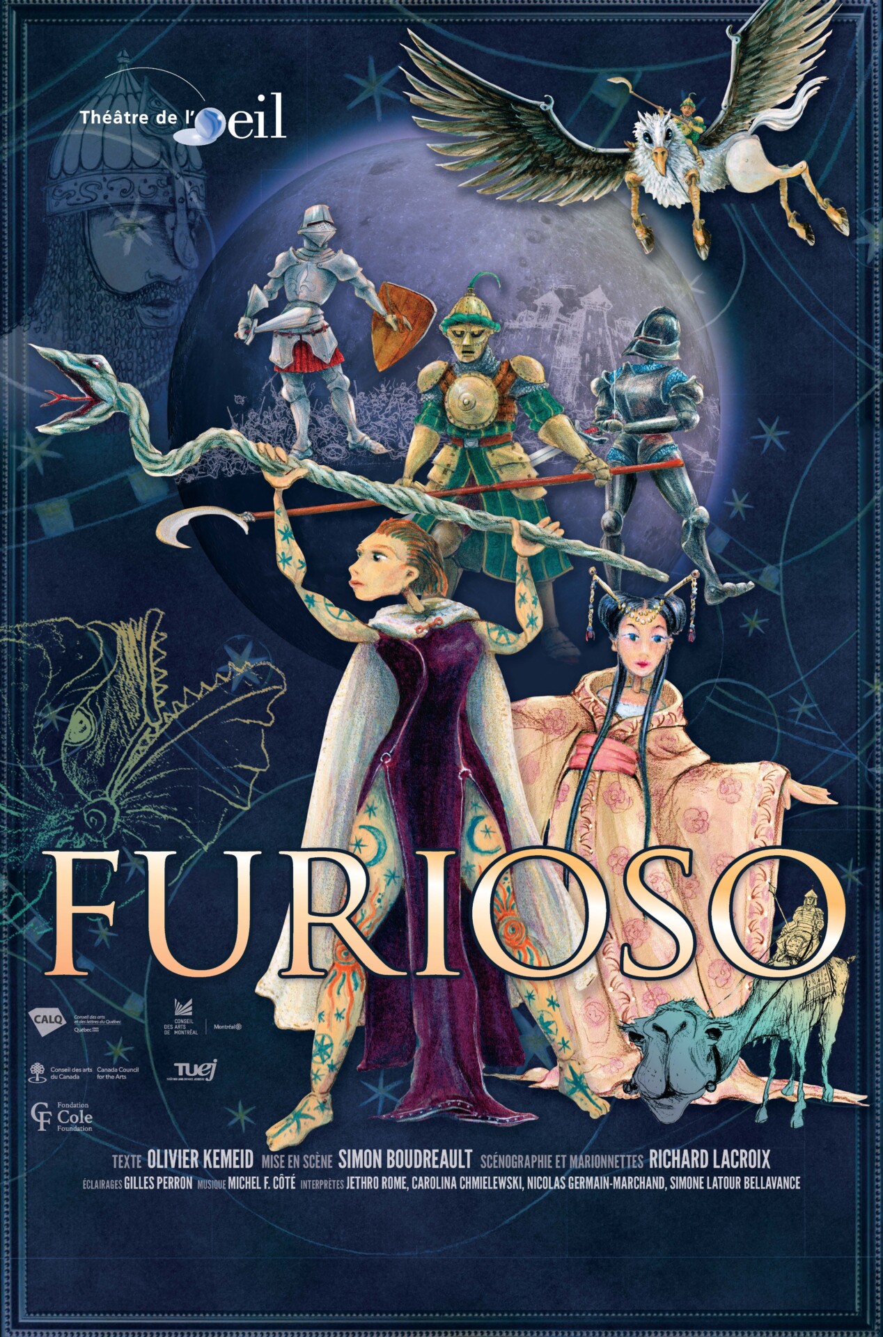 Affiche du spectacle "Furioso". Deux personnages en avant-plan, une magicienne brandissant un bâton en forme de serpent et une femme en kimono rose pâle. Derrière eux, trois personnages en armure. Une créature ailée surgit dans le coin droit en haut.