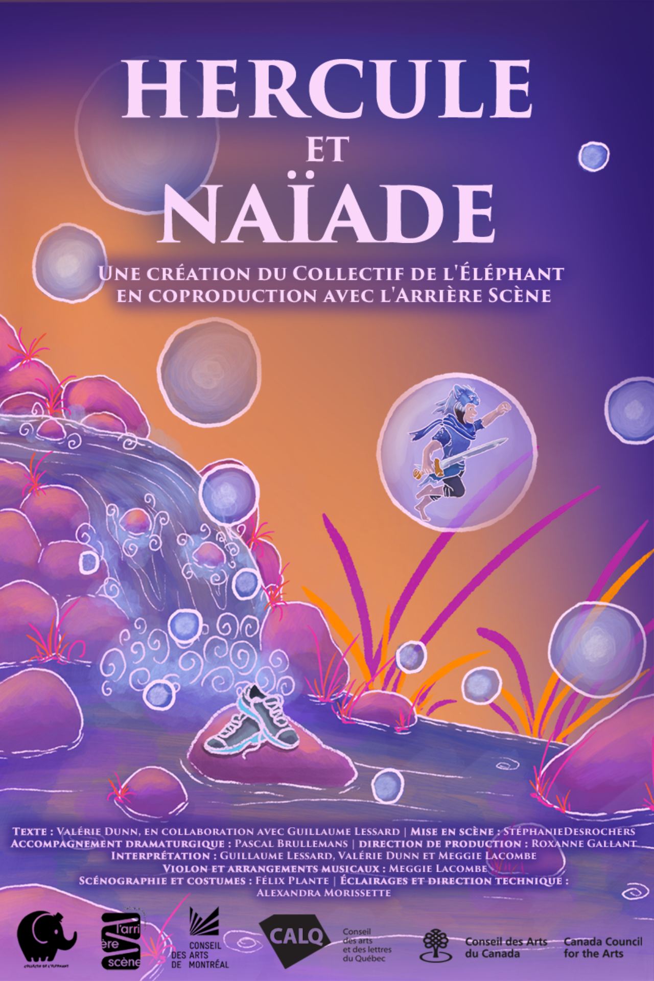 Affiche du spectacle "Hercule et Naïade". Illustration dans des teintes de mauve et orange d'un ruisseau avec des roches et une chute. Des chaussures sont posées sur une roche. Un personnage avec une épée est dans une des bulles qui s'échappent de l'eau.