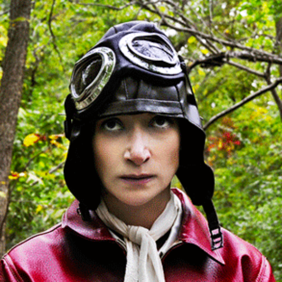 Photo dans un boisé de Laviat, portant une combinaison bourgogne, un foulard beige noué au cou et un casque d'aviatrice. Ses lèvres sont serrées et elle regarde vers le haut.