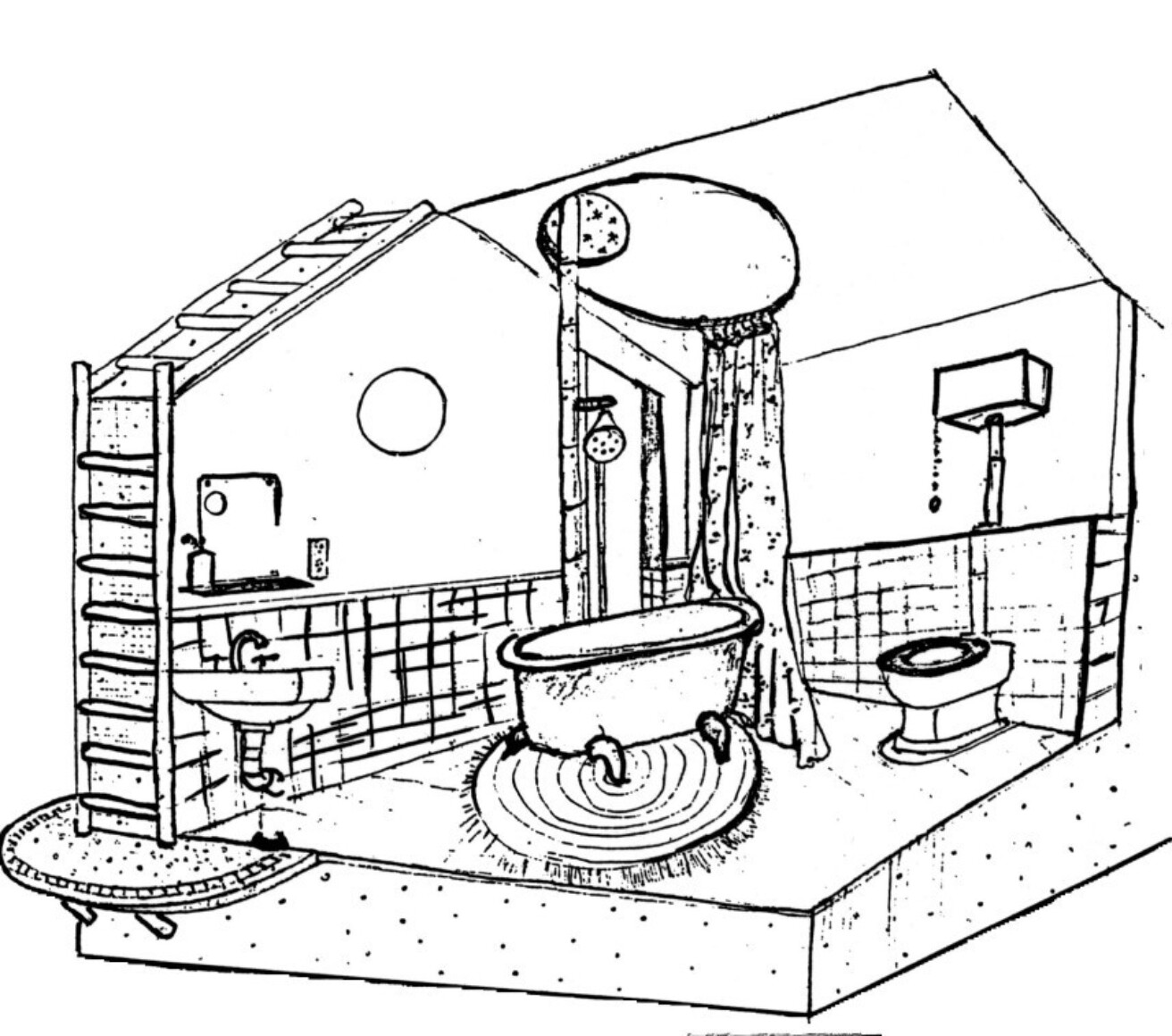 Esquisse du décor du spectacle "Le Bain". Décor de salle de bain (bain, douche, toilette, lavabo) monté sur une scène rappelant la forme d'une petite maison.
