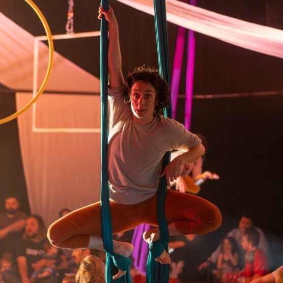 Photo portrait de l’artiste Laurence Racine, suspendus en position de grenouille dans un tissu aérien vert