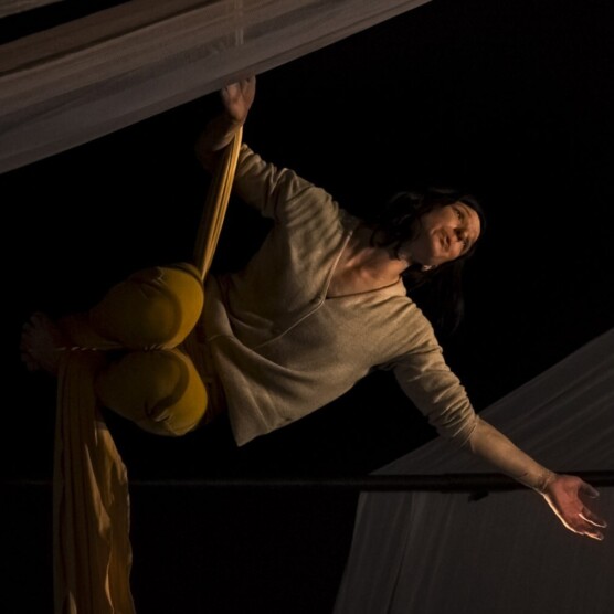 Photo portrait de l’artiste Nadine Louis, chantant suspendue dans un tissu aérien jaune