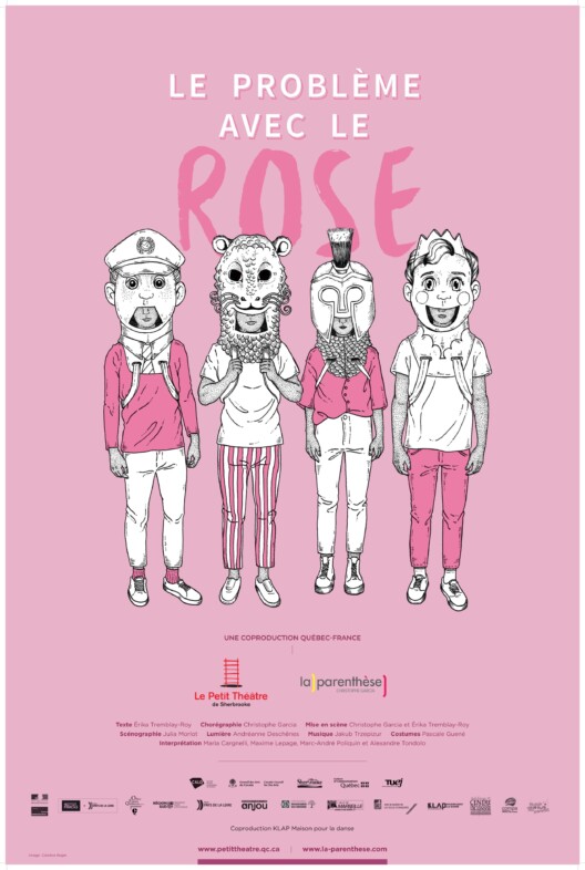 Affiche du spectacle "Le problème avec le rose". Dessin de quatre personnages côte à côte portant des têtes surdimensionnées. Ils portent des vêtements de différents styles. Le fond est rose pâle et les éléments sont dans diverses teintes de rose et blanc
