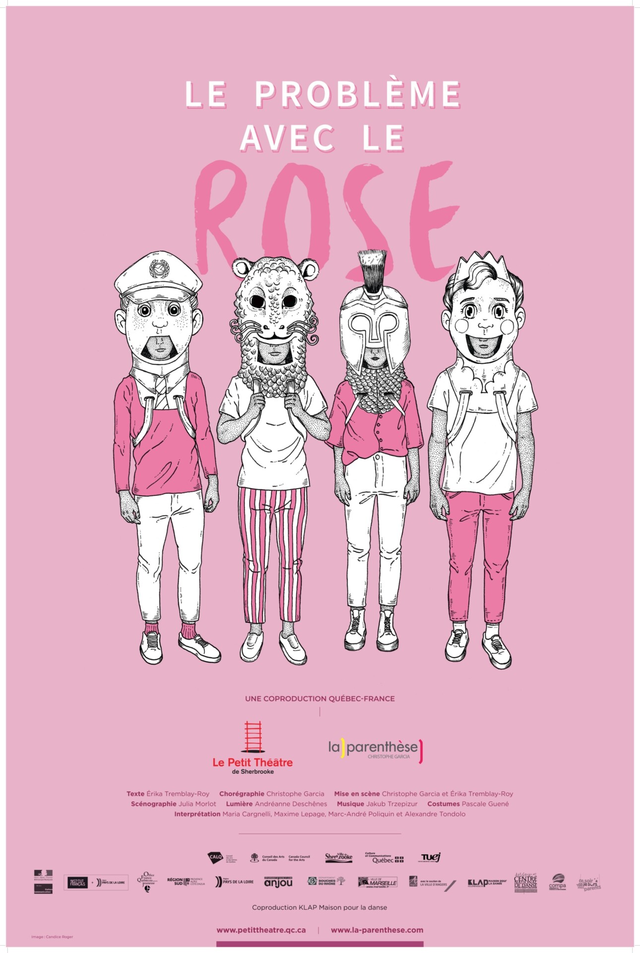 Affiche du spectacle "Le problème avec le rose". Dessin de quatre personnages côte à côte portant des têtes surdimensionnées. Ils portent des vêtements de différents styles. Le fond est rose pâle et les éléments sont dans diverses teintes de rose et blanc