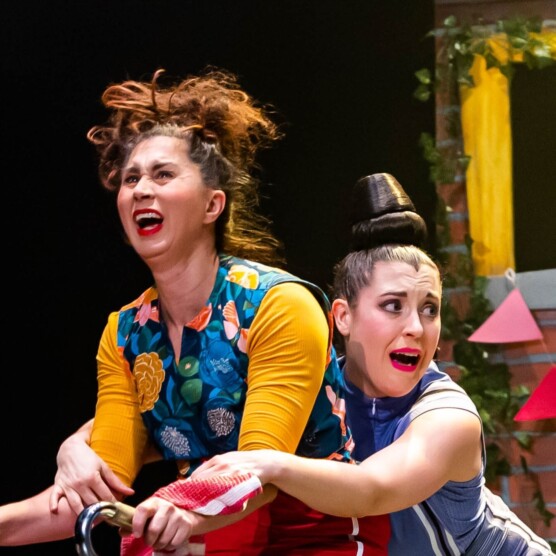 On voit deux comédiennes l'une derrière l'autre, celle de devant a les cheveux ébouriffés et semble rire, l'autre est agrippée à elle et regarde sur le côté avec une expression apeurée.