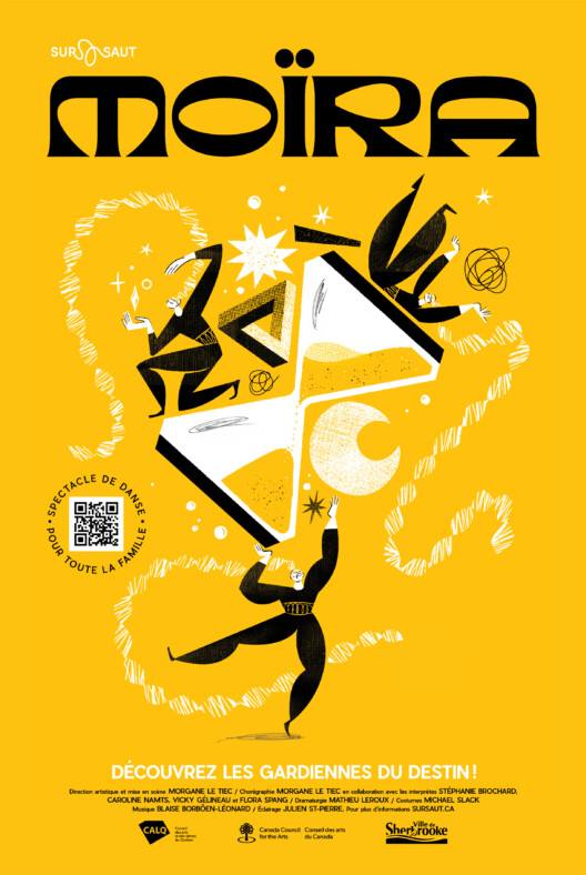 Affiche du spectacle "Moïra". Sur un fond jaune, des dessins en blanc et noir ; trois personnages avec de très longues tresses, un sablier géant et des symboles divers (lune, étoiles, formes géométriques). Le titre est écrit en noir au haut de l'affiche.