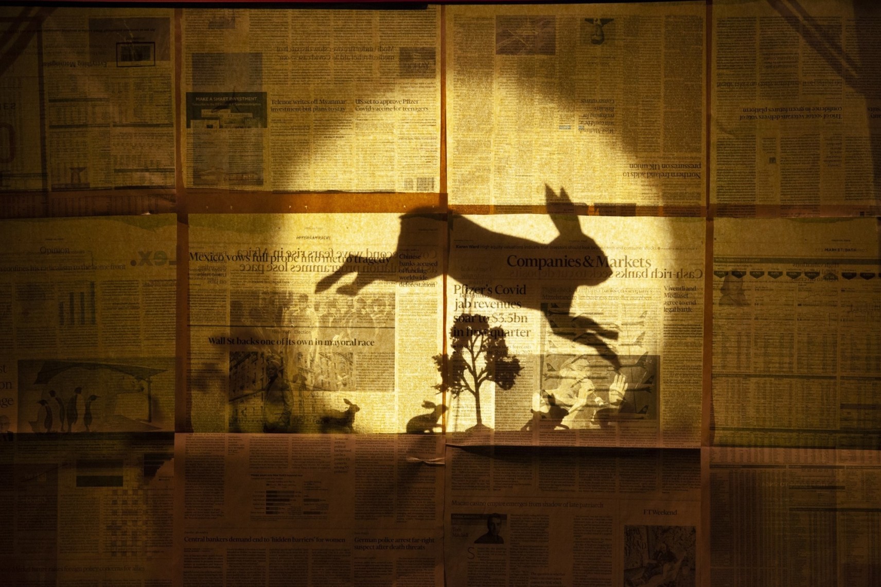 Sur un fond tapissé de papiers journaux jaunis, l'ombre d'un lapin en saut, au milieu d'un rond de lumière.