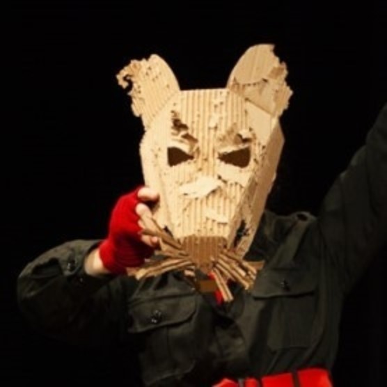 Photo d'un personnage portant une veste de solda vert foncé, des gants sans doigts rouges et un masque de souris en carton.