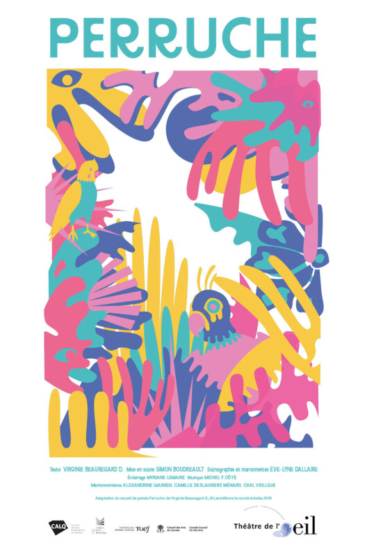Affiche du spectacle "Perruche". Dessin aux couleurs vives et aux formes évoquant le feuillage dense de la jungle. Au travers, un oiseau, dont les formes et les couleurs se confondent avec le décor. Le titre est au haut de l'illustration.