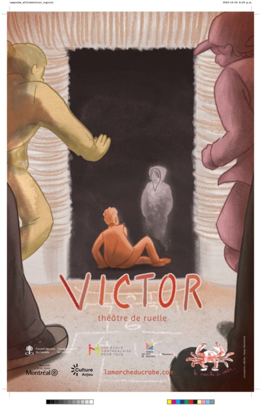 Affiche du spectacle "Victor". Plusieurs personnages dessinés. Sur un fond noir, un personnage gris se tient debout devant un personnage rouge assis au sol. En avant-plan, de dos, un personnage jaune et un bourgogne, semblant courir vers l'avant.