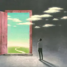Surreal art of dream success and hope concept  , imagination artwork,  ambition idea painting illustration,  man with nature in a door
