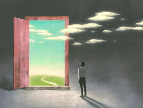 Surreal art of dream success and hope concept , imagination artwork, ambition idea painting illustration, man with nature in a door