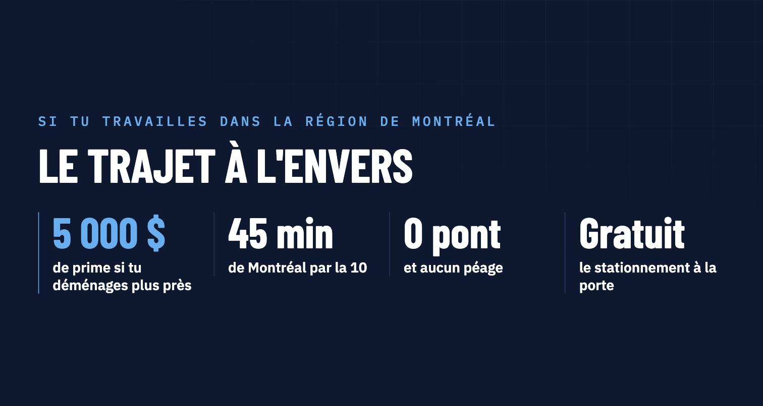 Pourquoi Bromont : prime de relocalisation de 5 000 $, 45 minutes de Montréal, aucun pont ni péage, stationnement gratuit