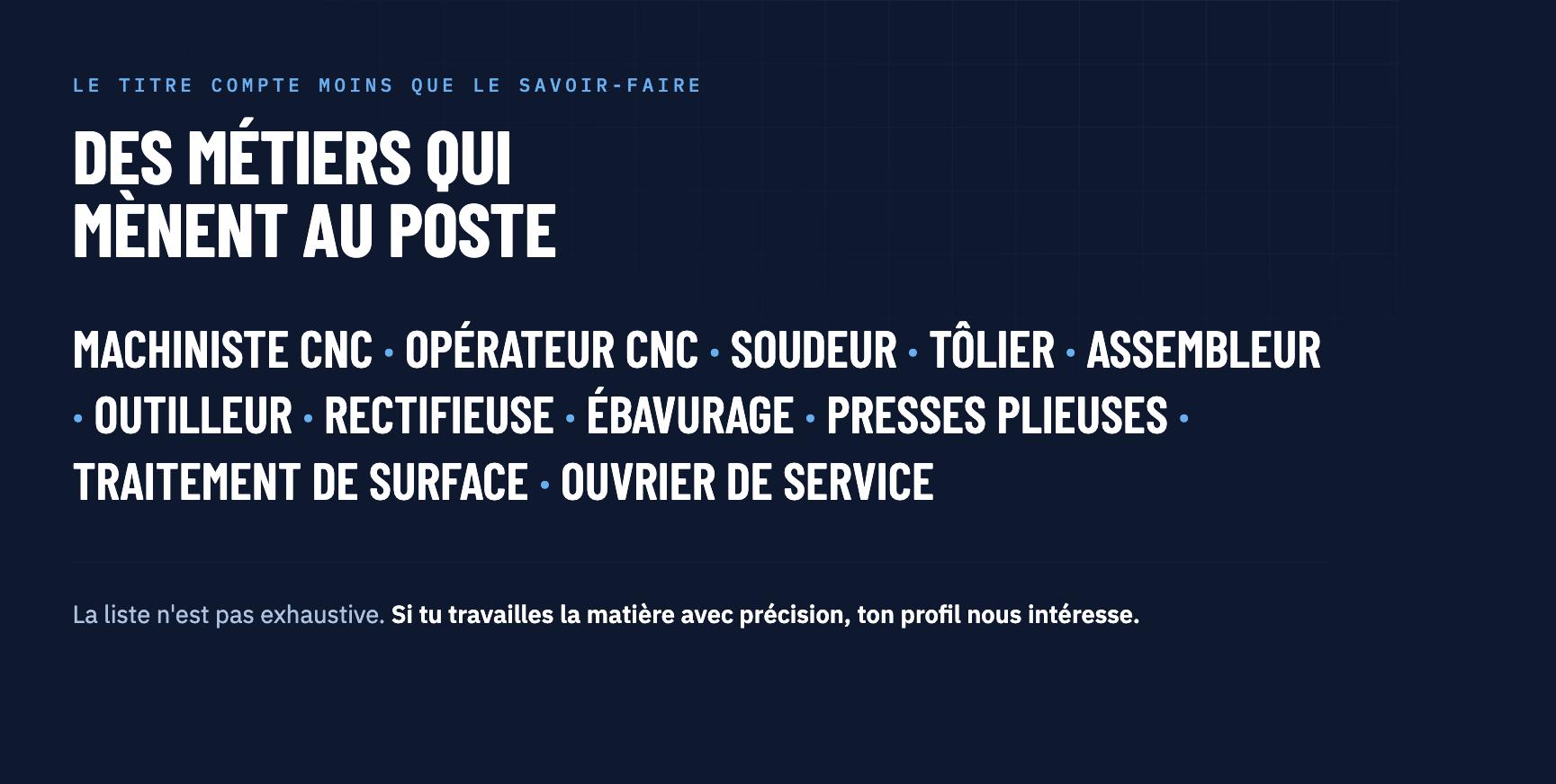 Des métiers qui mènent au poste : machiniste CNC, opérateur CNC, soudeur, tôlier, assembleur, outilleur, rectifieuse, ébavurage, presses plieuses, traitement de surface, ouvrier de service