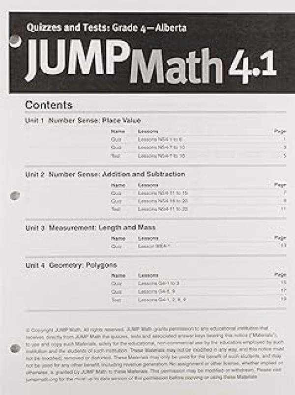 Jump Math 4 Ap Book 1: New Canadian Quiz
